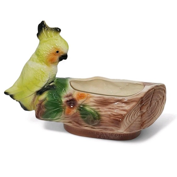 Vintage 50s MCM California Art Pottery USA Ceramic Cockatoo Parrot Log Planter - Picture 1 of 9
